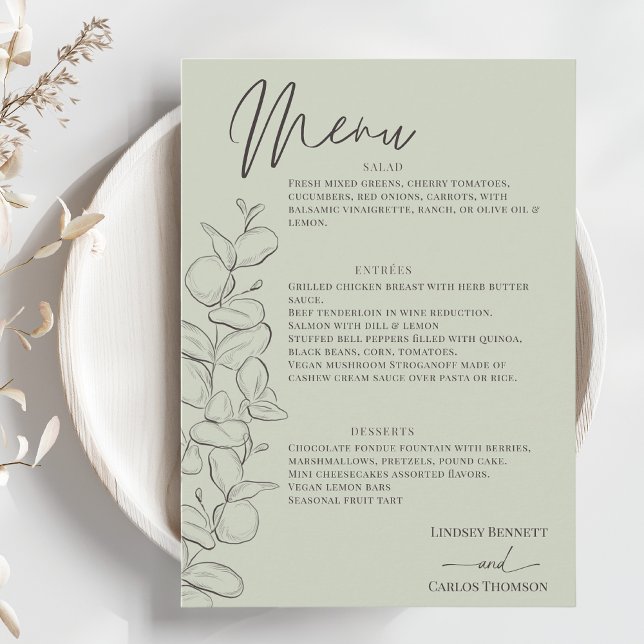Minimalist handdrawn leaves green script wedding menu (Creator Uploaded)