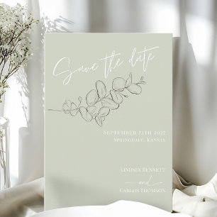 Minimalist handdrawn leaves green script wedding save the date