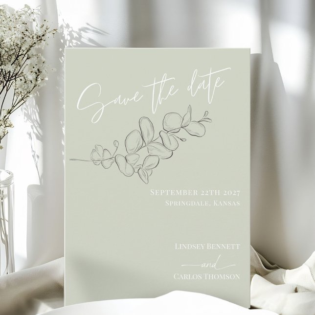 Minimalist handdrawn leaves green script wedding save the date (Creator Uploaded)