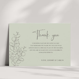 Minimalist handdrawn leaves green script wedding thank you card