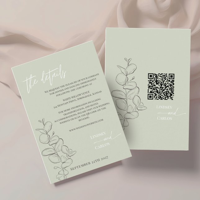 Minimalist handdrawn leaves sage green details QR  Enclosure Card (Creator Uploaded)