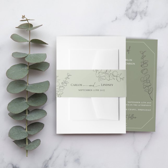 Minimalist handdrawn leaves sage green wedding invitation belly band (Creator Uploaded)