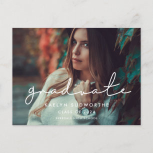 Minimalist handwritten graduate photo announcement postcard