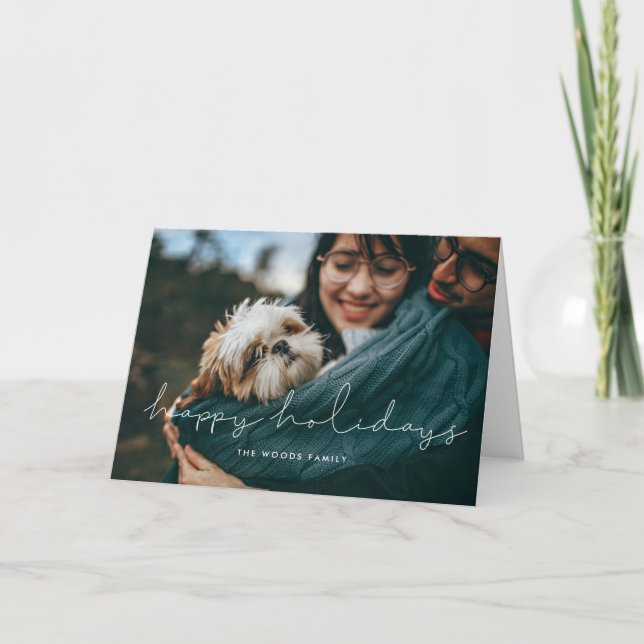 Minimalist handwritten Happy Holidays photo Holiday Card (Front)