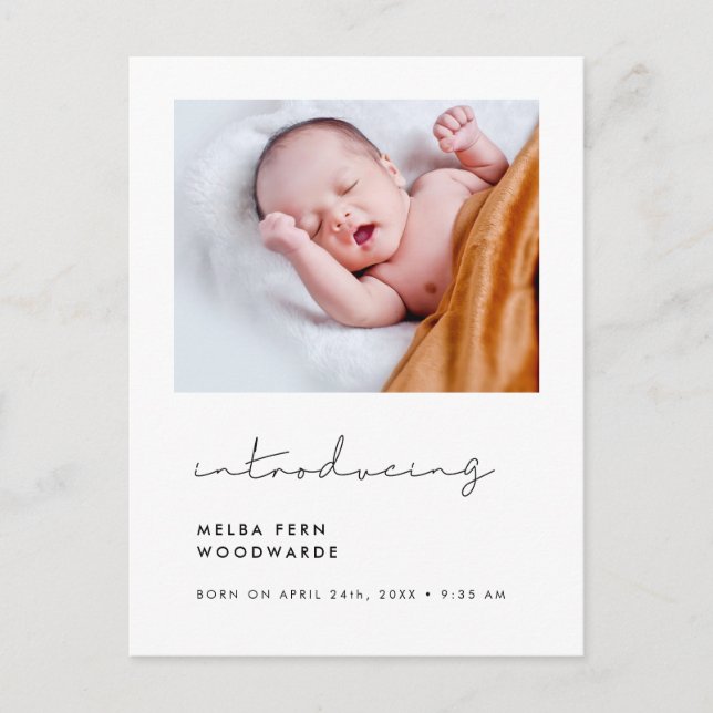 Minimalist handwritten Introducing new baby photo Postcard (Front)