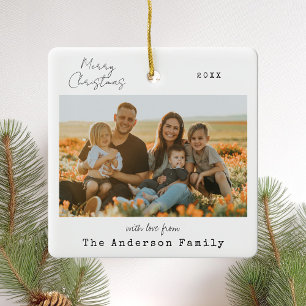 Minimalist Handwritten Merry Christmas Photo Ceramic Ornament