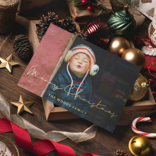 Minimalist Handwritten Merry Christmas Photo Gold Foil Holiday Card