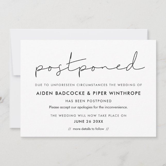 Minimalist handwritten postponed announcement (Front)