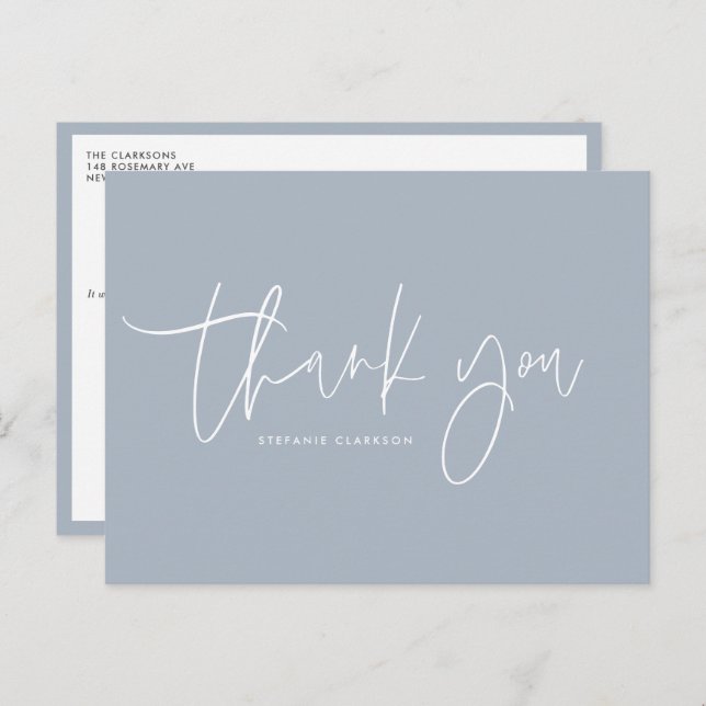 Minimalist Handwritten Script Dusty Blue Thank You Postcard (Front/Back)