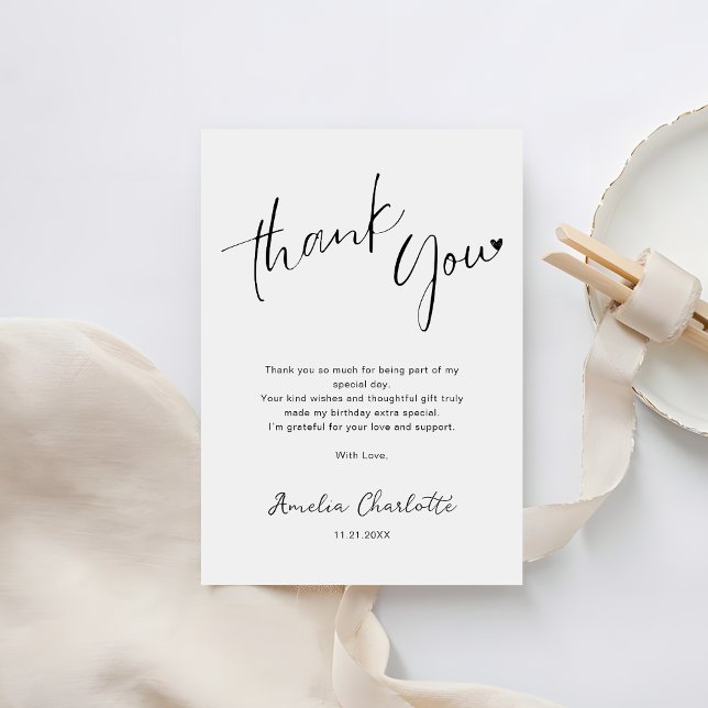Minimalist Handwritten Script Heart Birthday Thank You Card (Creator Uploaded)