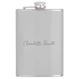 Minimalist Handwritten Script Name Grey Hip Flask