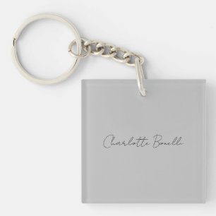 Minimalist Handwritten Script Name Grey Key Ring