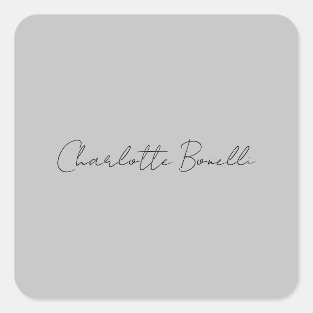 Minimalist Handwritten Script Name Grey Square Sticker (Front)