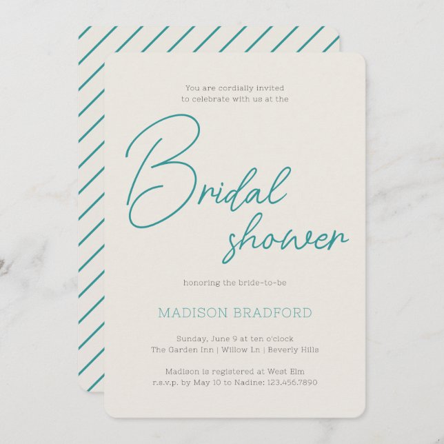 Minimalist Handwritten Script Teal Bridal Shower Invitation (Front/Back)