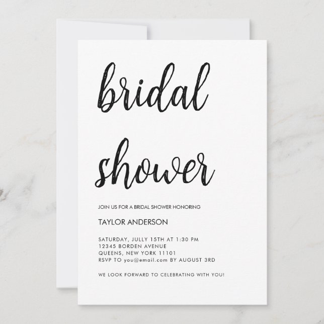 Minimalist Handwritten Script White Bridal Shower Invitation (Front)