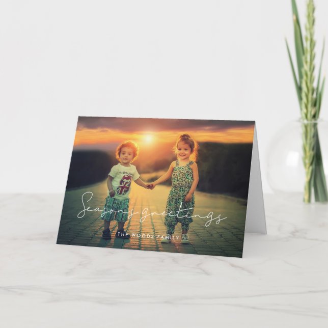 Minimalist Handwritten Season's Greetings Photo Holiday Card (Front)