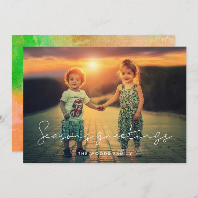 Minimalist Handwritten Season's Greetings Photo Holiday Card (Front/Back)