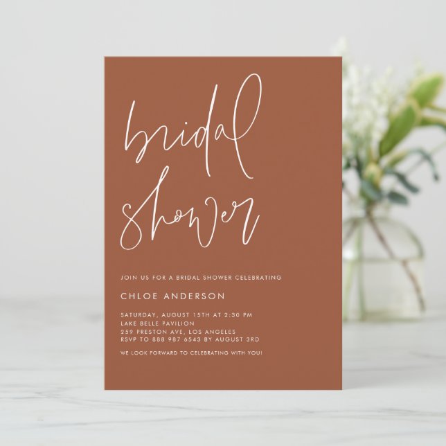 Minimalist Handwritten Terracotta Bridal Shower Invitation (Standing Front)