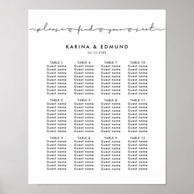 Minimalist handwritten wedding seating chart (Front)