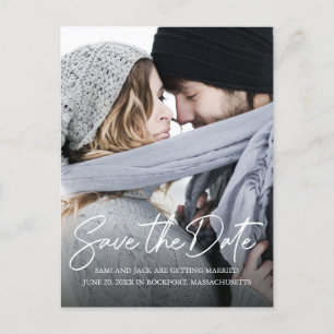 Minimalist Handwritten White Calligraphy Photo Announcement Postcard