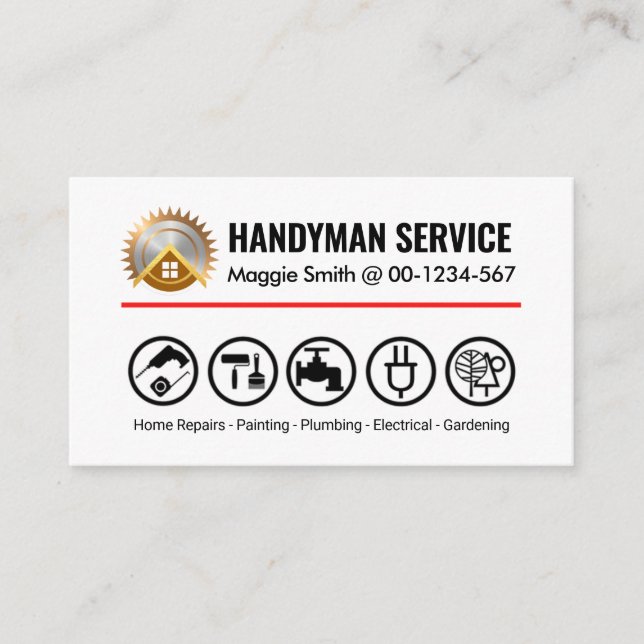 Minimalist Handyman Tools On Red Line Business Card (Front)