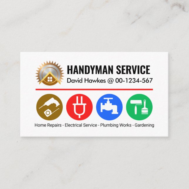 Minimalist Handyman Tools On Red Line Business Card (Front)