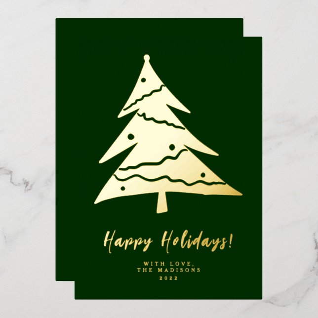 Minimalist Happy Holidays Christmas Tree Foil Holi Holiday Card (Front/Back)