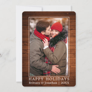 Minimalist Happy Holidays Couple Photo Wood Holiday Card