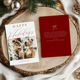 Minimalist Happy Holidays Three Photo   Burgundy Holiday Card