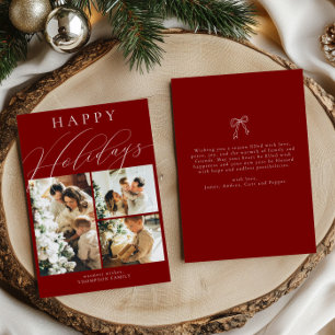 Minimalist Happy Holidays Three Photo Dark Red Holiday Card