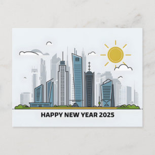 Minimalist Happy New Year 2025 Cityscape Holiday Postcard