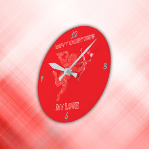 Minimalist Happy Valentine's My Love on red Round Clock