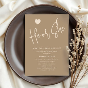 Minimalist He or She Brown Gender Reveal Invitation