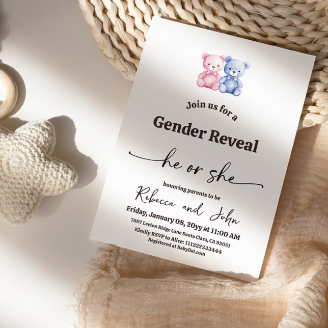 Minimalist He or She Pink Blue Bear Gender Reveal Invitation (Creator Uploaded)