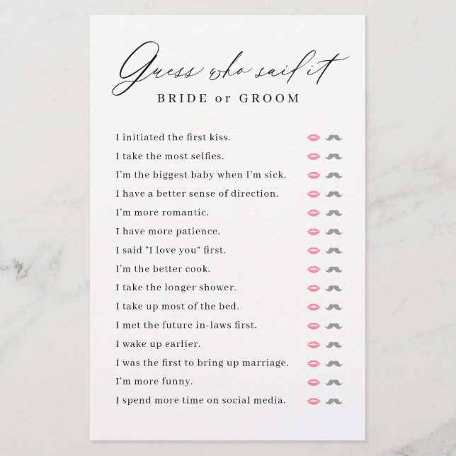 Minimalist He said She said bridal shower game (Front)