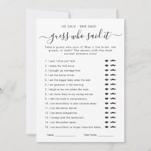 Minimalist He Said She Said Bridal Shower Games Invitation