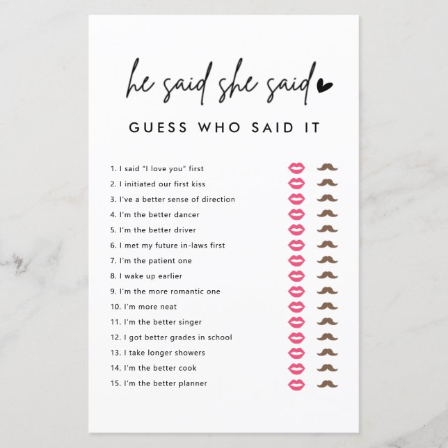 Minimalist He Said She Said Guess Who Said It Game (Front)