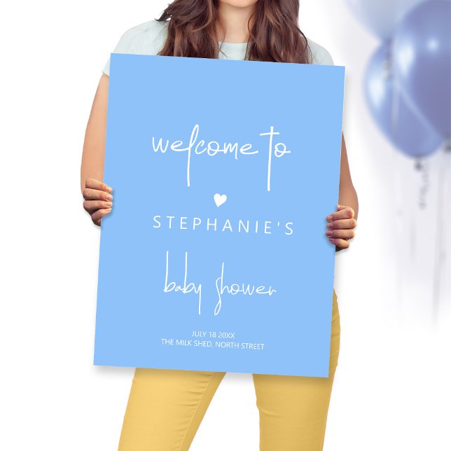 Minimalist Heart Baby Boy Shower Blue Welcome Poster (Creator Uploaded)