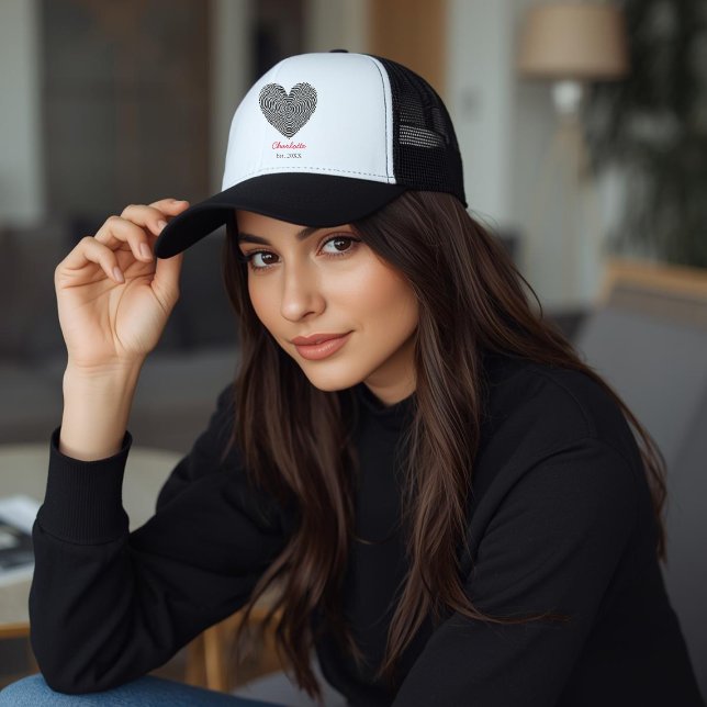 Minimalist Heart Fingerprint Personalized Name Trucker Hat (Creator Uploaded)