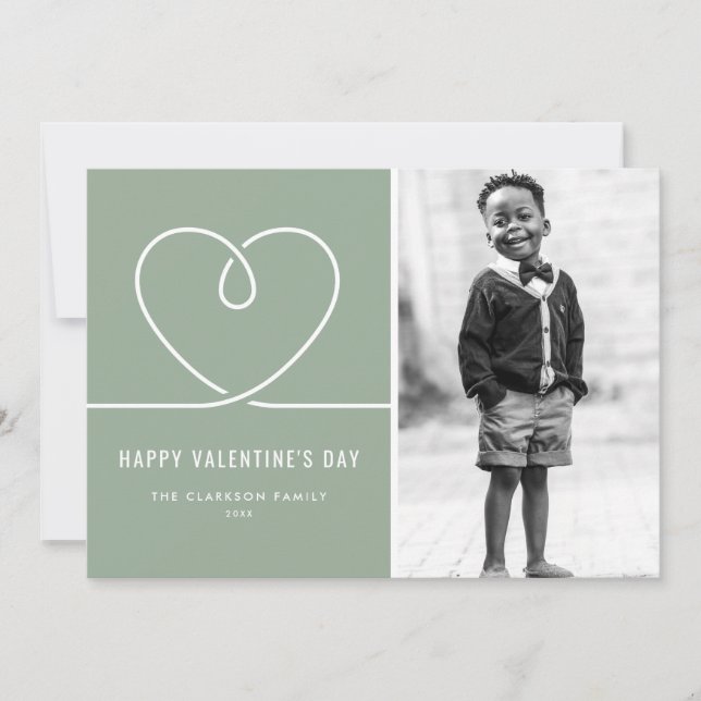 Minimalist Heart Sage Green Valentine's Day Photo Holiday Card (Front)