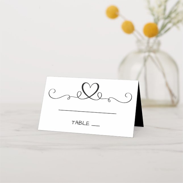Minimalist Hearts Black White Wedding Heart Love Place Card (Front)