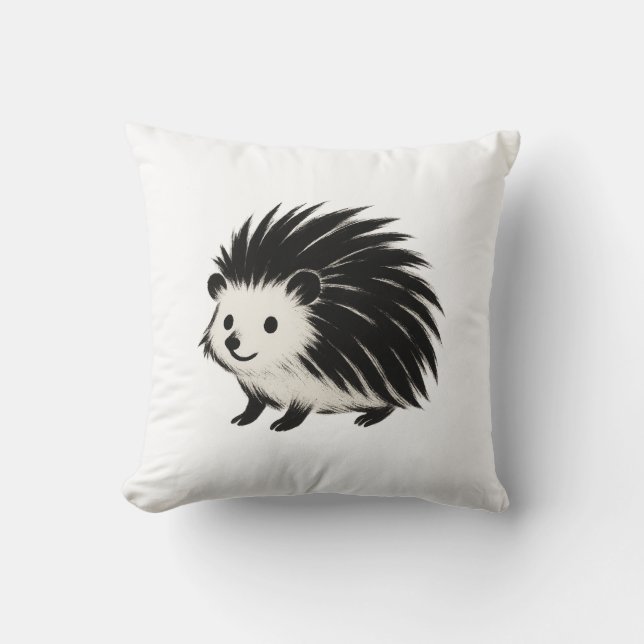 Minimalist Hedgehog – Black Ink Animal Design on  Cushion (Front)