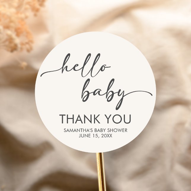 Minimalist Hello Baby Baby Shower Classic Round Sticker (Hello Baby Baby Shower Sticker)