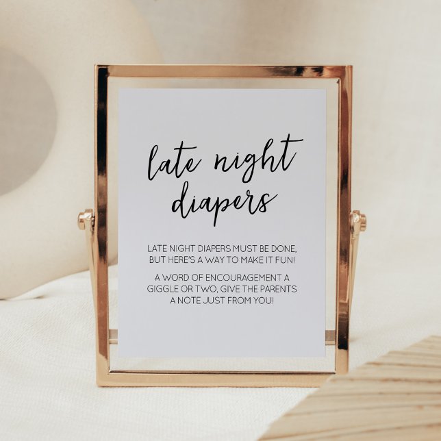 Minimalist Hello Baby Modern Late Night Diapers Poster (Boho White Minimalist Baby Shower Late Night Diapers Sign)