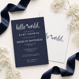 Minimalist Hello World Baby Shower Navy Blue Invitation