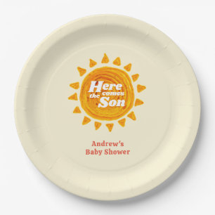 Minimalist Here Come The Son Boho Baby Shower Paper Plate