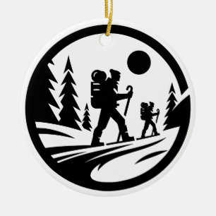 Minimalist Hiking Silhouette - Black and White Ceramic Ornament