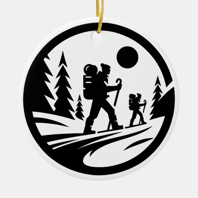 Minimalist Hiking Silhouette - Black and White Ceramic Ornament (Front)