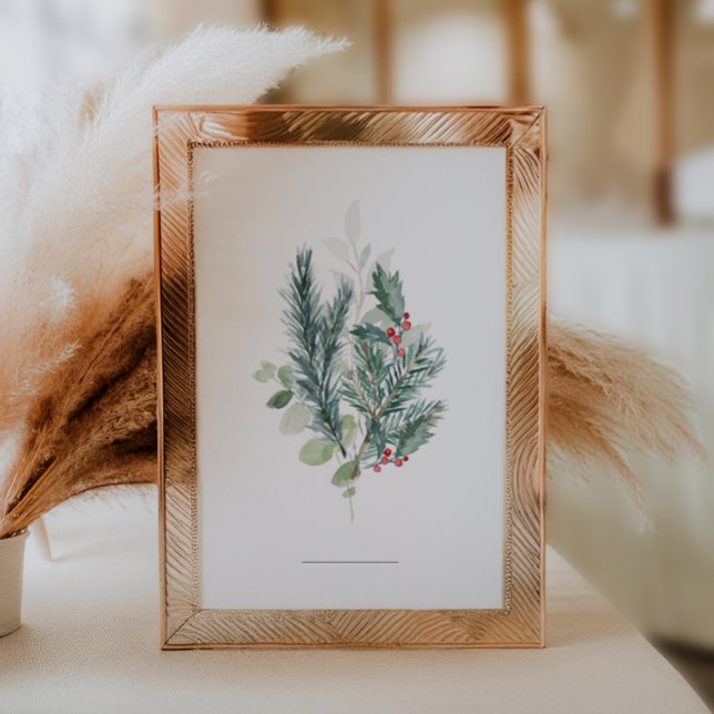 Minimalist Holiday Wedding Evergreen Branch Table Number (Creator Uploaded)