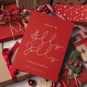 Minimalist Holly Jolly Christmas Red and Gold Foil Holiday Card